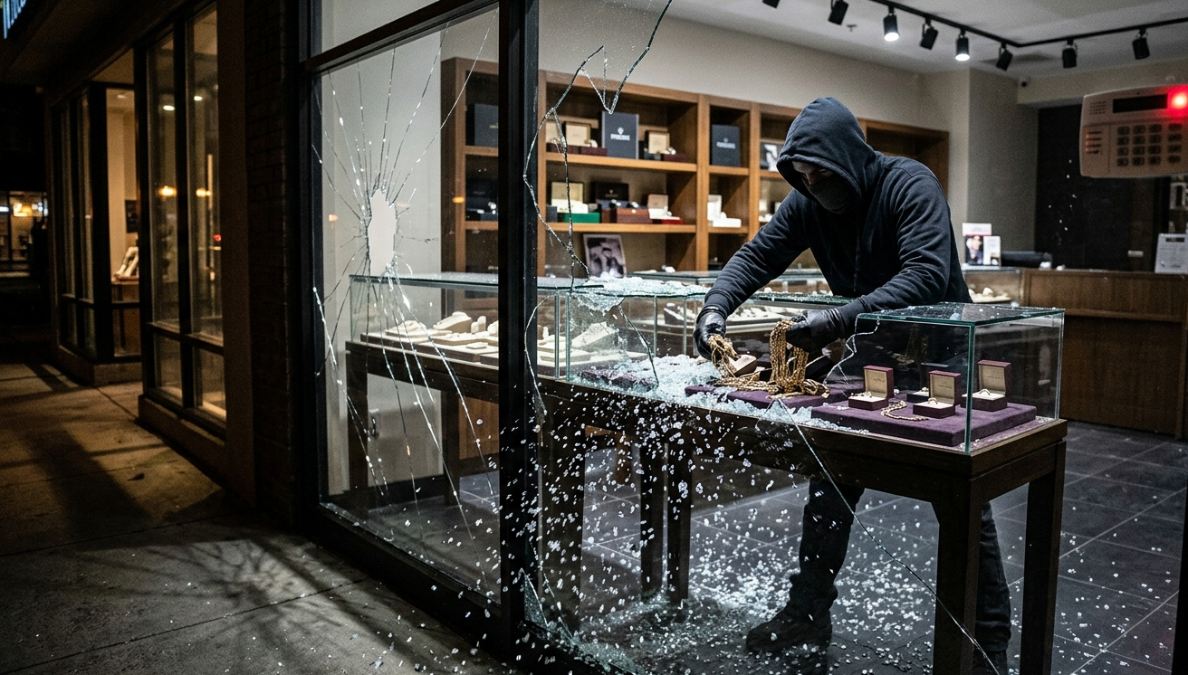 Smash-and-grab attempt on a commercial jewellery storefront — stopped by ArmourCore commercial security film