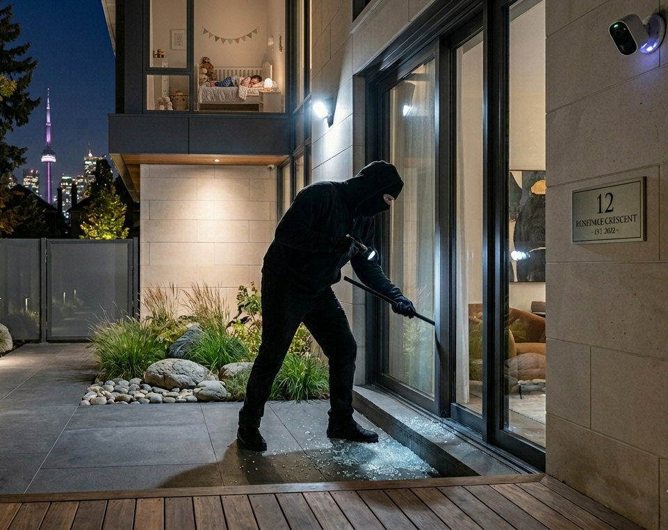 Family home at night in Vaughan / Woodbridge with the Toronto skyline behind it — child sleeping upstairs while a masked intruder is stopped at a patio door protected by ArmourCore window security film