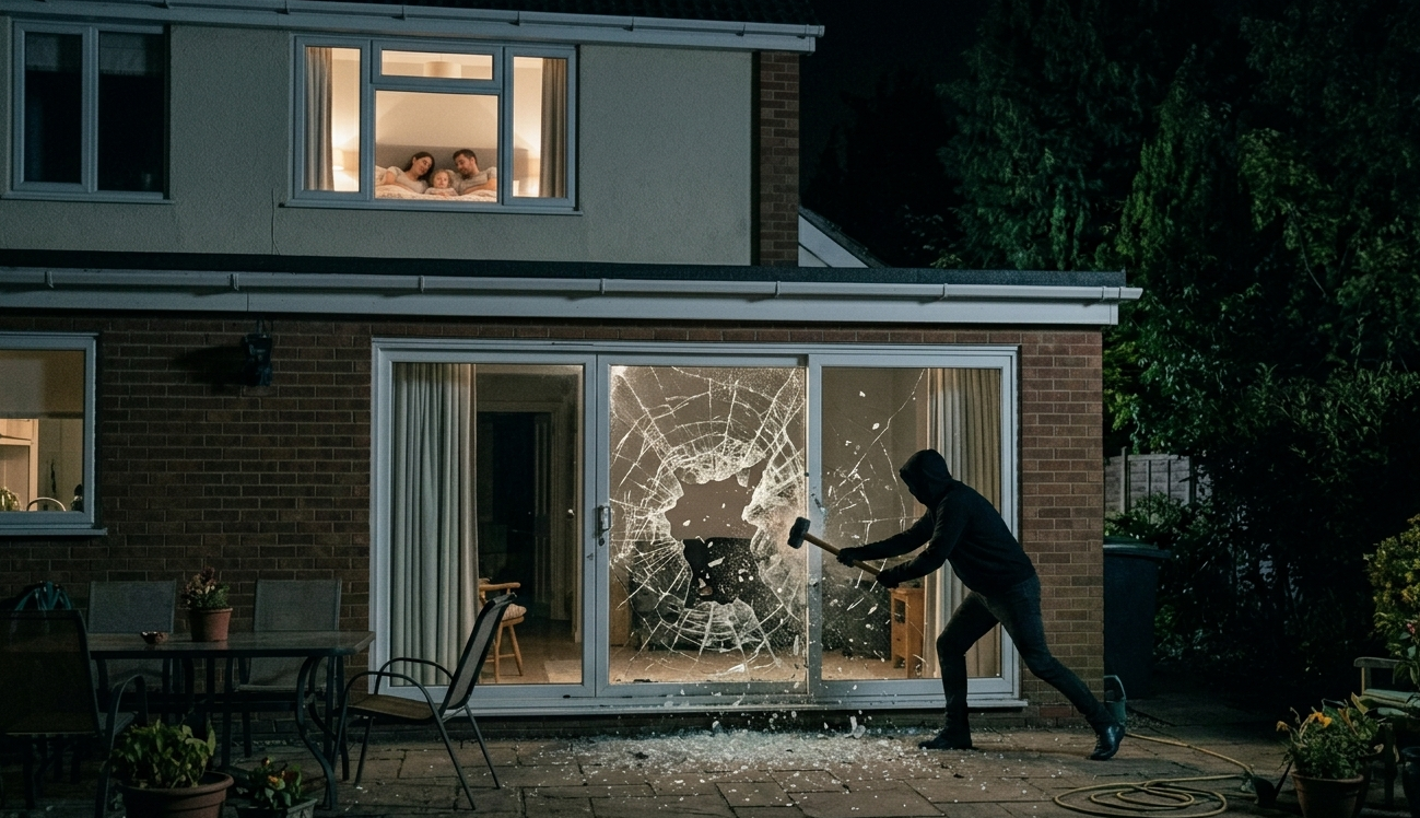 Intruder smashing a patio sliding door at a family home in Vaughan / Woodbridge while parents and child sleep upstairs — stopped by ArmourCore window security film